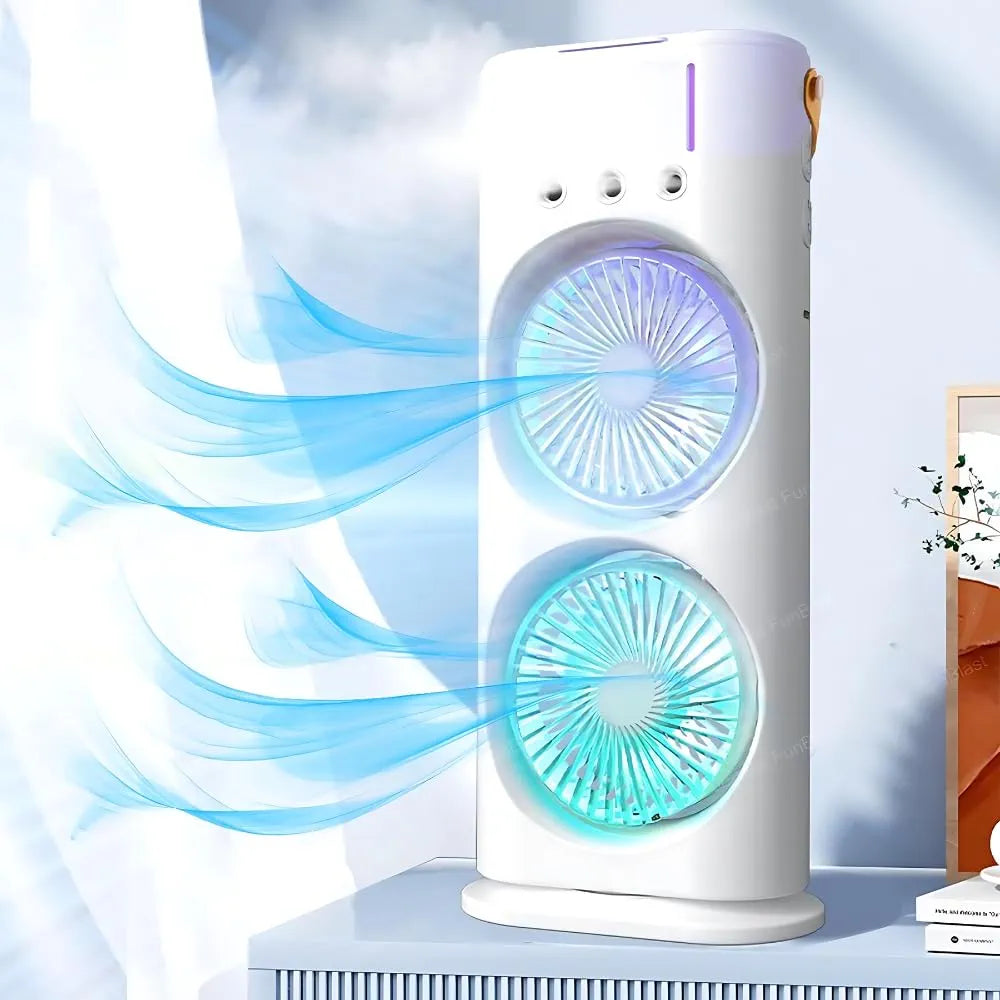 Dual Mist Mini Air Cooler Fan LED, 3 Speeds, 3 Spray Modes, Remote Control