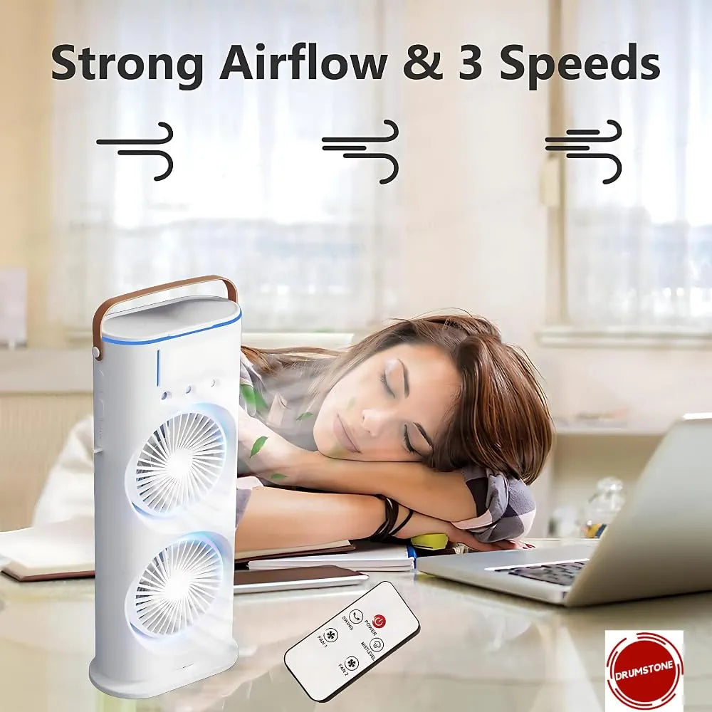 Dual Mist Mini Air Cooler Fan LED, 3 Speeds, 3 Spray Modes, Remote Control