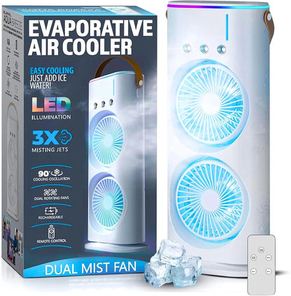 Dual Mist Mini Air Cooler Fan LED, 3 Speeds, 3 Spray Modes, Remote Control